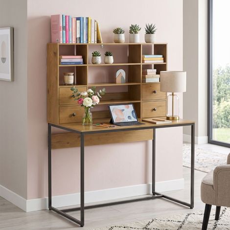 Bureau d'ordinateur avec 4 tiroirs et étagères, hauteur 105 cm, bois naturel (1/5)