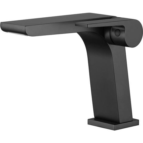 Mitigeur lavabo cascade noir en laiton, robinet salle de bain moderne à poignée unique, mélangeur eau chaude et froide, design élégant et pratique (1/4)