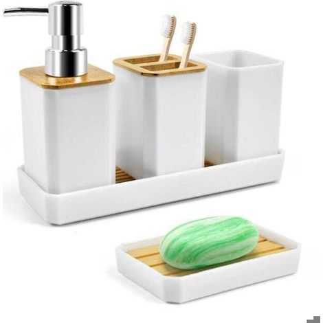 Ensemble 5 accessoires salle de bain : distributeur savon, porte-savon, porte-brosse à dents, gobelet, plateau (1/5)