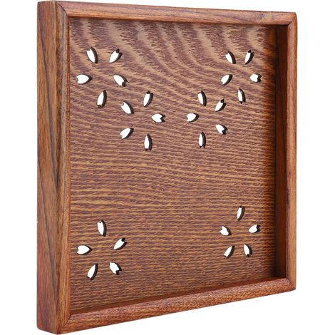 Plateau de service traditionnel en bois pour thé, café, fruits et en-cas, idéal pour la maison et le restaurant (18 x 18 cm). (1/5)
