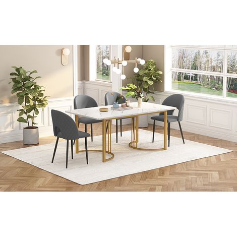 Ensemble de salle à manger moderne : table 140x80 cm en MDF blanc avec pieds dorés, 4 chaises grises en velours à motifs diamant, pieds réglables