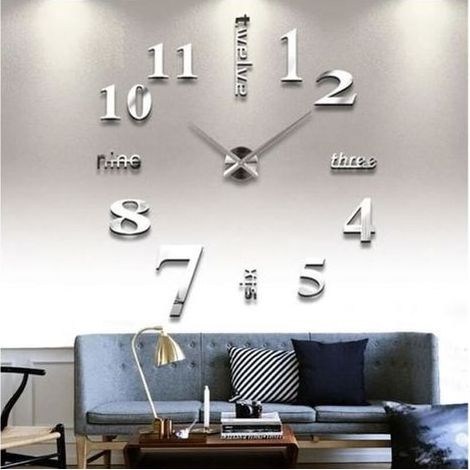 pair Horloge murale 3D autocollante en miroir - Décoration maison - DIY - Argenté - 40cm (1/4)