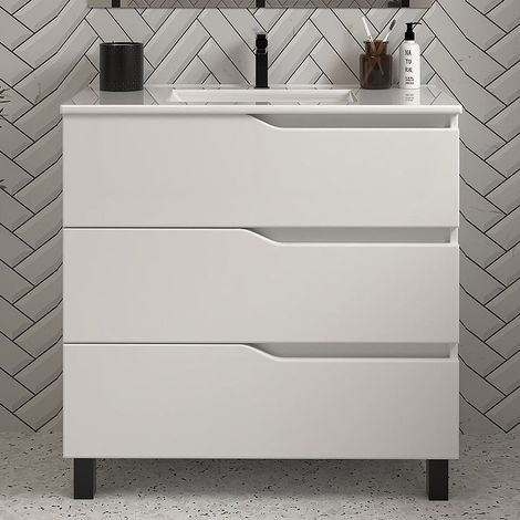 Meuble sous vasque seul, 3 tiroirs, 70cm, pour simple vasque - blanc mat - MATA