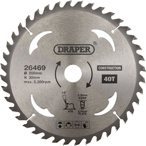 Draper TCT Construction Circular Saw Blade, 250mm Diameter, 30mm Arbor, 40 Teeth, Model 26469