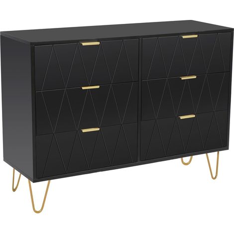 Commode 6 tiroirs 100x34x73cm noire avec pieds dorés et poignées dorées (1/5)