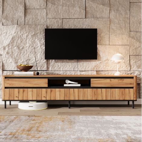 Mueble TV 180x40x52 cm, 2 cajones y 2 puertas abatibles, paso de cables, MDF y tablero de partículas negro y natural (1/5)