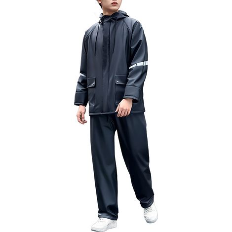 Ensemble imperméable 2 pièces avec capuche, veste et pantalon réfléchissants pour homme, noir, taille M (1/5)