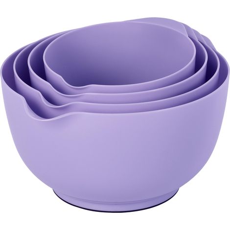 Ensemble de 4 bols à mélanger en plastique sans BPA, violet - avec bec verseur, fond antidérapant et poignée, empilable, passe au lave-vaisselle et au micro-ondes, idéal pour la cuisson (1/5)