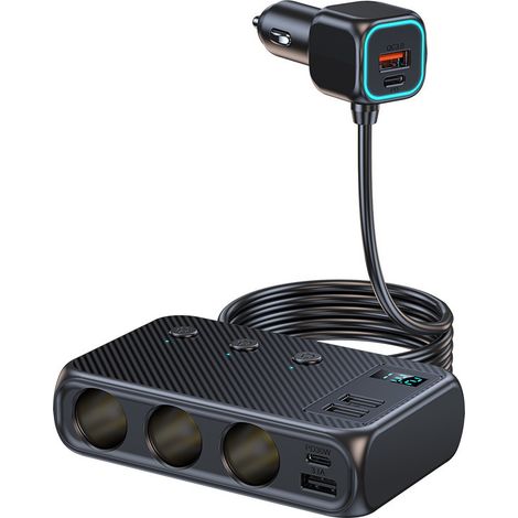 Chargeur voiture allume‑cigare 9‑en‑1 171W, 3 prises 12V/24V, 4 USB + double PD, affichage tension LED interrupteurs indépendants (1/5)