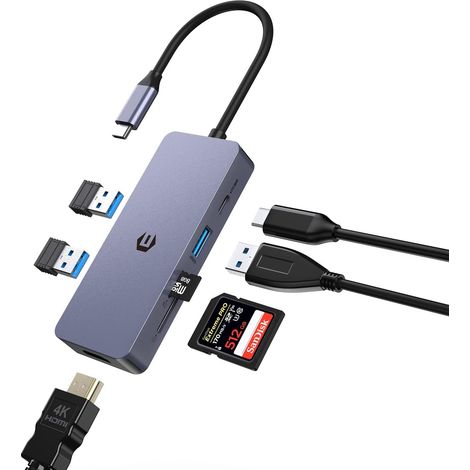 USB C vers HDMI Adaptateur, Hub USB C, 7 in 1 Station d'accueil USB C Compatible avec Windows 10,8,7,XP/Mac OS/Linux/Vista (3 USB 3.0, HDMI, PD, SD/TF 3.0) (1/5)