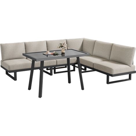 Gartenmöbel Set Graubeige, Ecksofa Outdoor mit Glastisch, Gartenlounge mit Tisch aus Verzinktem Stahl, Garten Essgruppe 240 x 180 cm