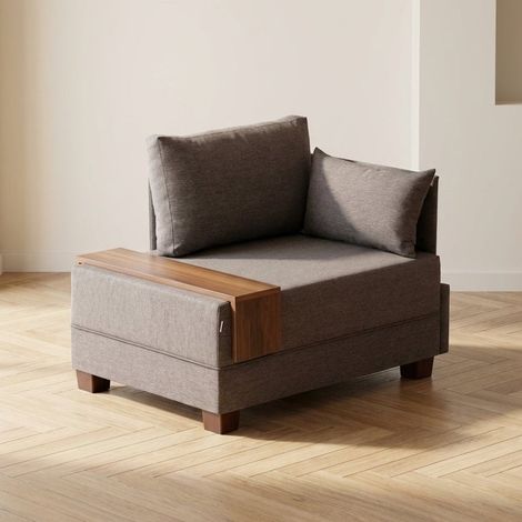 Modern Sessel Braune Stofffliege - rechts - mit Holztisch (1/5)