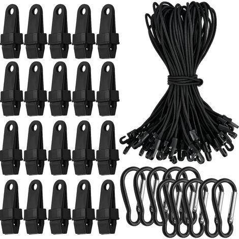 Lot de 50 clips bâche, 20 cordons élastiques en nylon, 10 mousquetons, fixation de hamac pour camping, pique-nique, randonnée (25 cm) (1/5)