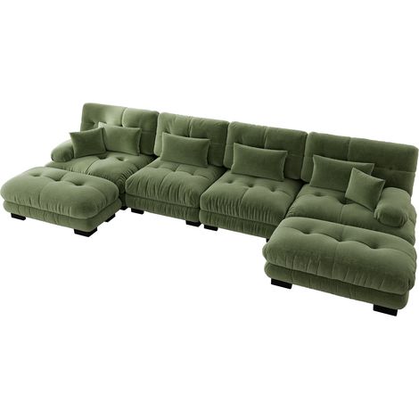 Divano Angolare Modulare 4 Posti, con Pouf Mobile e Cuscini di Supporto, Chenille Vintage Verde (1/5)