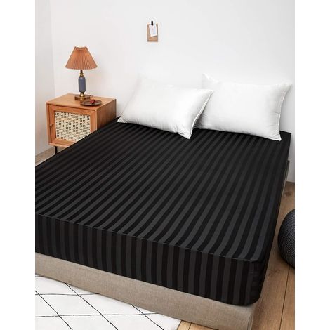 Drap-housse en satin, draps en satin rayés doux et soyeux avec poches profondes, draps en satin respirants (taille king), drap-housse seul (noir, taille king) (1/4)
