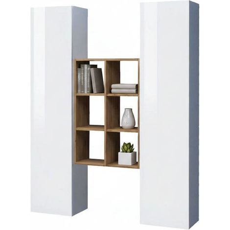 Dmora - Credenza Danila, Set da soggiorno a 2 ante e ripiani, Buffet da soggiorno, Madia da cucina, 100% Made in Italy, cm 140x30h180, Bianco lucido e Acero (1/5)