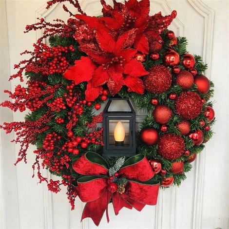 Couronne de Noël artificielle grand format, arche florale rouge avec boules, décoration murale pour porte, fenêtre, cheminée, escalier, balcon et jardin, idéale fêtes et mariages (1/5)