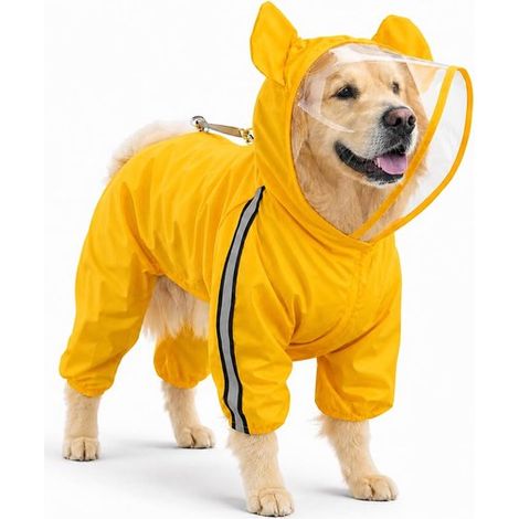 Imperméable pour chien avec capuche, taille M, manteau réfléchissant avec ouverture pour laisse et harnais, réglable et coupe-vent, pour petits, moyens et grands chiens, jaune vif (1/5)