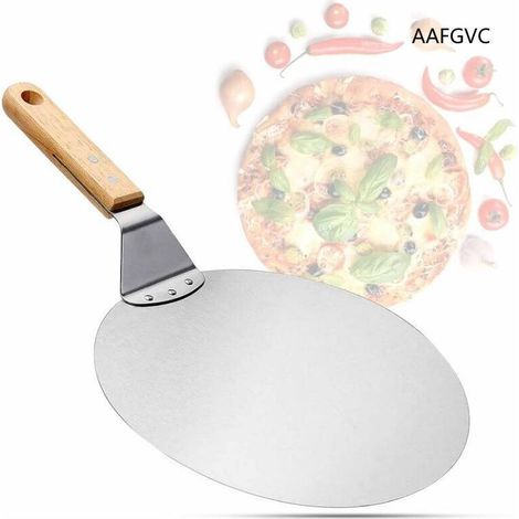 1 pelle à pizza acier inoxydable, manche bois, surface 25,5 cm, longueur totale 43,5 cm, pour pierre à pizza et four (1/5)