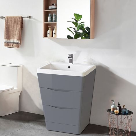 2 Drawer Floor Standing Bathroom Cabinet Storage Furniture Vanity Sink Unit 600mm Gloss Grey (1/5)
