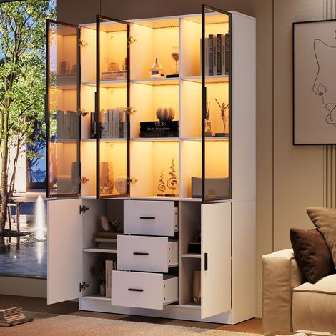 Tkopy - Vitrine Salon, vitrine en verre, vitrine d'éclairage LED, vitrine en verre avec étagères, buffet haut vitrine, vitrine avec poignées, 3 tiroirs et por, 120x30x200 cm, Vitrine blanche (1/5)