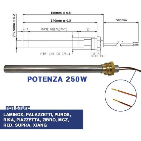 CANDELETTA ACCENSIONE STUFA PELLET RESISTENZA D 10 X 150 250W A VITE 3/8 (04041)