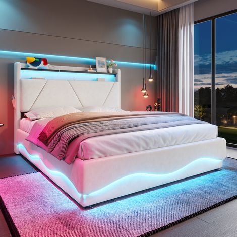 Lit capitonné contemporain 160x200 cm - sommier à lattes avec vérins à gaz, tête de lit lumineuse LED intégrant étagères et rangements, ports USB, poches de côté, espace de stockage sous le lit (1/5)