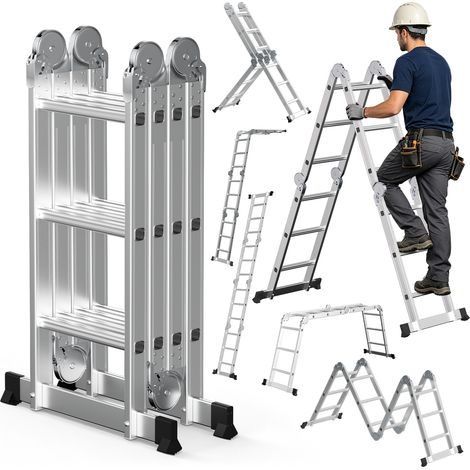 Randaco Escalera plegable articulada 7 en 1 de aluminio, 4x3 peldaños, aprox. 360 cm / 3,6 m, plegable, antideslizante, carga máxima 150 kg (1/5)