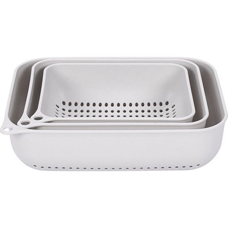 Ensemble de 3 paniers égouttoirs rectangulaires multifonctions pour fruits et légumes, en plastique gris. (1/5)