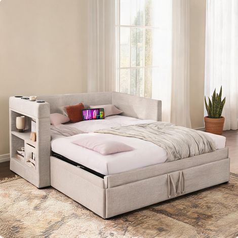 Cadre de lit beige en coton lin 207 x 98 x 74 cm (1/5)