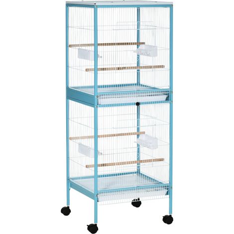 Grande cage double sur pied avec mangeoires, perchoirs, plateau amovible et roulettes, 51,5 x 50 x 140 cm, bleu clair (1/5)