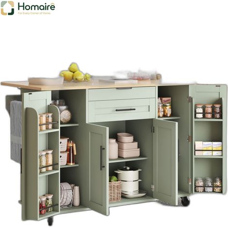 Küchenwagen aus MDF Antik Grün mit Stauraum und höhenverstellbar 136 x 70 x 92 cm HOMAIRE (1/5)