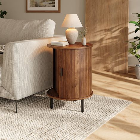 Tavolino rotondo 48x48x65 cm in MDF color noce con vano contenitore (1/5)