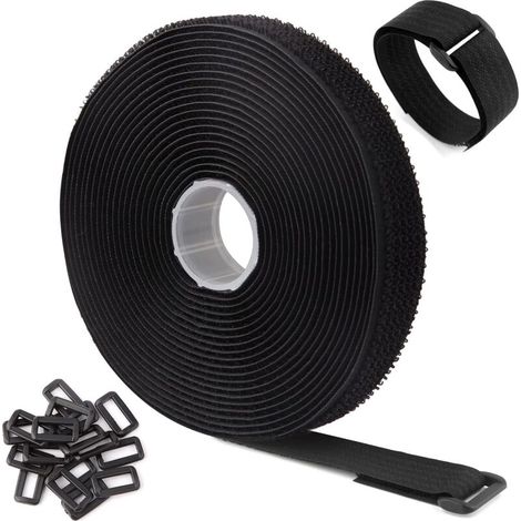 (5mx2cm,Black)5m Black Adjustable Reusable Cable Straps/Ties with 25 Loops and Hook Fastener Strap for Cable Management