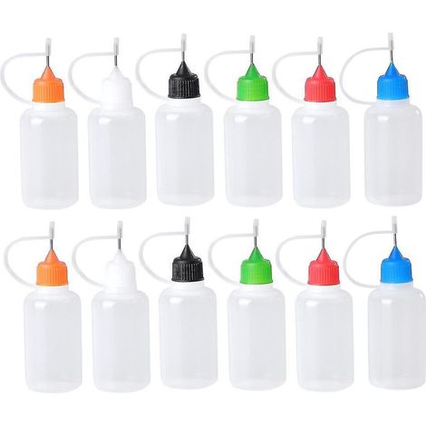Lot de 12 flacons compte-gouttes de précision de 30 ml avec embout aiguille pour applicateur de colle et encre (noir, rouge, bleu, vert, orange, blanc, par lot de 2). (1/4)