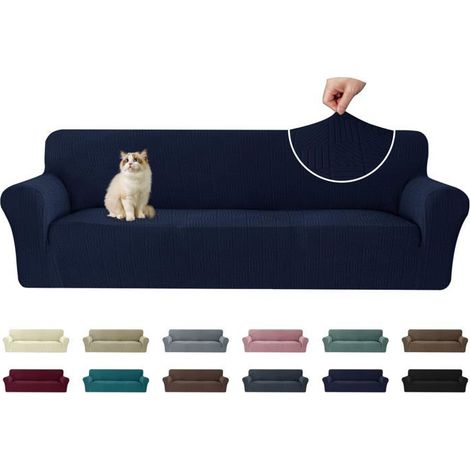 1 Housse de canapé 4 places, Extensible, Antidérapante, Polyester, Bleu Foncé, Salon