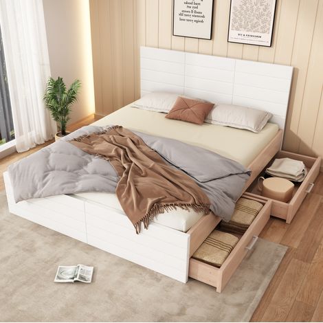 MEUBLIV Letto 140x200 cm bianco e rovere chiaro - 2 cassetti, testiera e pediera, senza materasso (1/5)