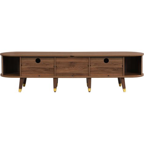 Meuble TV 175 cm avec porte coulissante en rotin effet noyer – meuble en MDF avec rangements multiples, style campagne (1/5)
