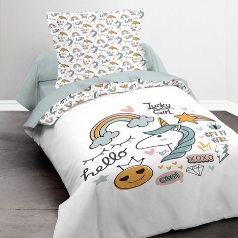 Parure de couette 140 x 200 Lucky Girl Réversible 100% Coton / 57 Fils/cm² (1/3)