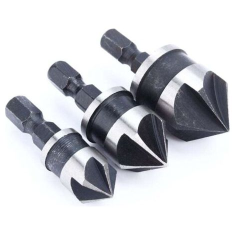 Juego de 3 brocas de chaflán de 90 grados con vástago hexagonal de 6 mm para madera y metal. (1/4)