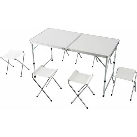 Relaxdays Campingtisch, 4 Sitzhocker, klappbar, höhenverstellbar, mit Tragegriff, Aluminium, MDF, Gartentisch, weiß