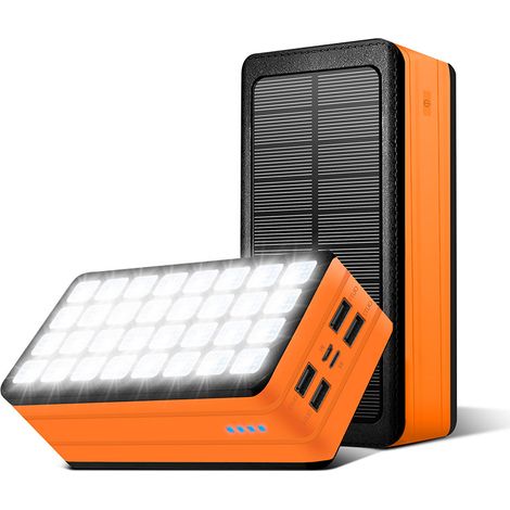 ZOLGINAH Banco de energía solar de 30000 mAh, carga rápida y 32 luces LED, cargador solar para camping y al aire libre, compatible con teléfono, Android (naranja) (1/5)