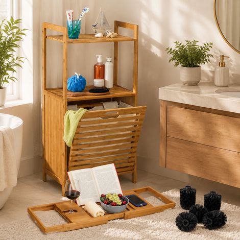 Set da bagno in bambù (3 pezzi) – Vassoio da bagno in bambù, cesto portabiancheria con ripiano in bambù e testine da 9,5 mm (1/5)