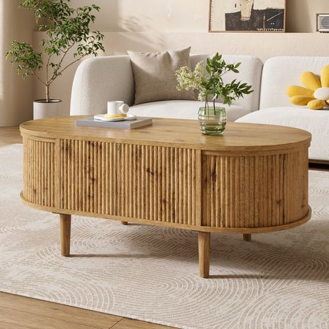 Mesa de centro elevable (100x48x54.5 cm), con almacenaje, diseño de ondas, MDF, color roble (1/5)