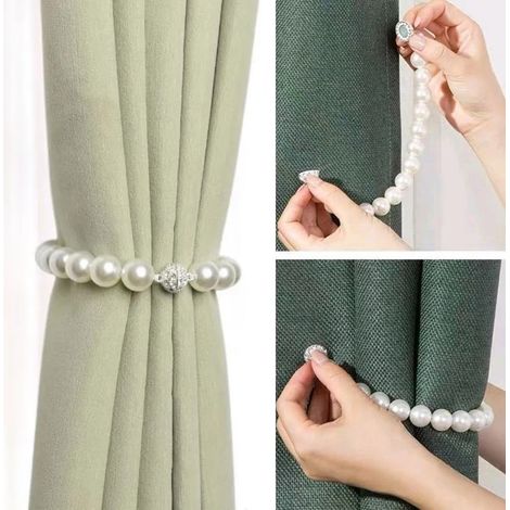 Attaches de rideaux, Attaches de rideaux perlées, Attaches de rideaux décoratives, Blanches, Lot de 2 (1/5)