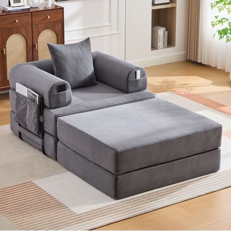 Canapé modulable de pana gris oscuro 112x190x67 cm con puf, cojín y bolsillo lateral (1/5)