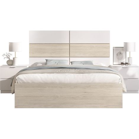 DEKIT ASTRA - CABEZAL CON DOS MESITAS DE 2 CAJONES Y ARO CAMA 135/140X190 - BLANCO / NATURAL - 121.8 x 258.8 x 195.4 (1/4)