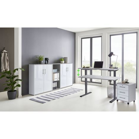 BMG Möbel Büromöbel komplett Set mit elektrisch höhenverstellbaren Schreibtisch Arbeitszimmer e-Dition in lichtgrau/weiß Matt Gestell anthrazit