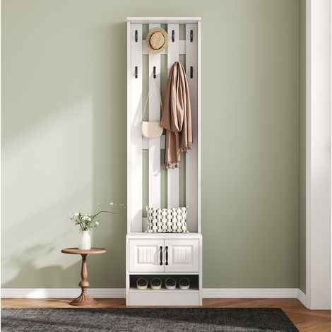 Mobile scarpiera guardaroba 50x36x190 cm bianco in truciolare con 2 ante, panca e pannello con 8 ganci (1/5)