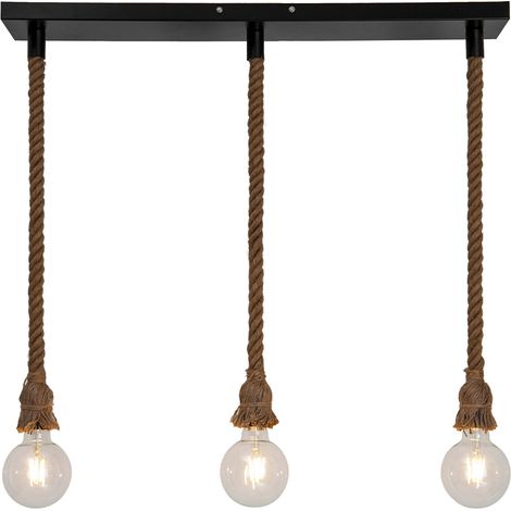 Suspension moderne Mila 100cm réglable métal noir et corde naturel LED (1/4)